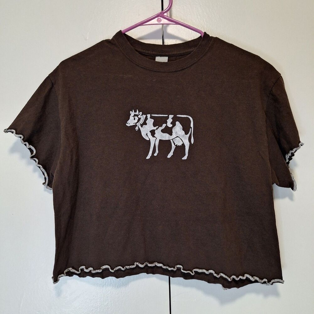Gildan Cow Crop Top Brown Cotton Shirt W Lettuce Edge Size Medium